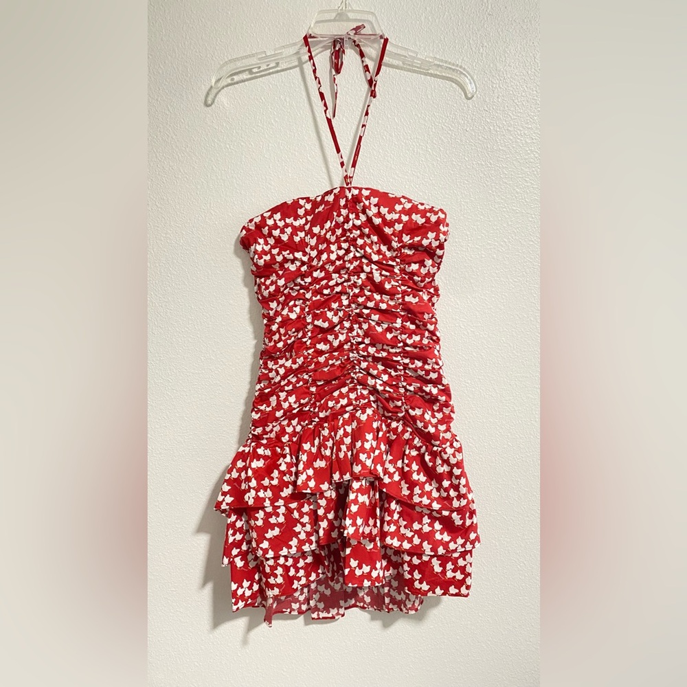 Fiorucci Red & White Halter Chicken Dress w/ Ruffle Skirt sz XS/S NWT MSRP $190